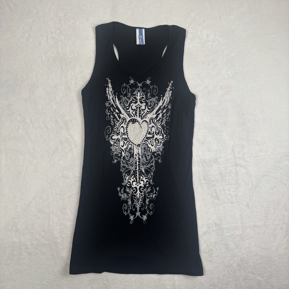 Y2K Mi Manchi Black Cross Heart Sleeveless Tank Top Ribbed Shirt Women's Large
